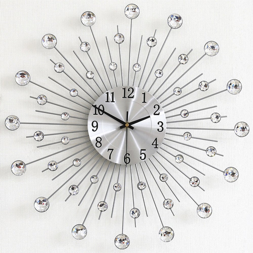 Olbrzymi srebrny zegar ścienny ze strasami, cichy, metalowy, nowoczesny wystrój nordycki, kreatywny design do salonu, sypialni, baru, 50 cm.