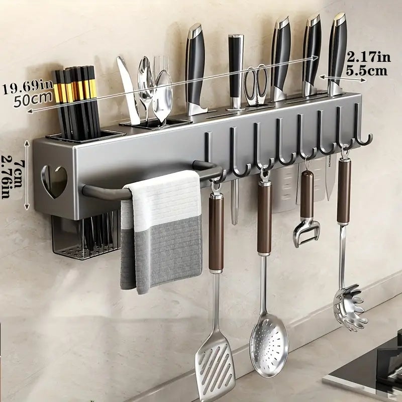 Support Mural Pour Ustensiles De Cuisine - Rail 30 Cm Noir Avec 5 Crochets En S - Installation Avec Vis Ou Adhésif