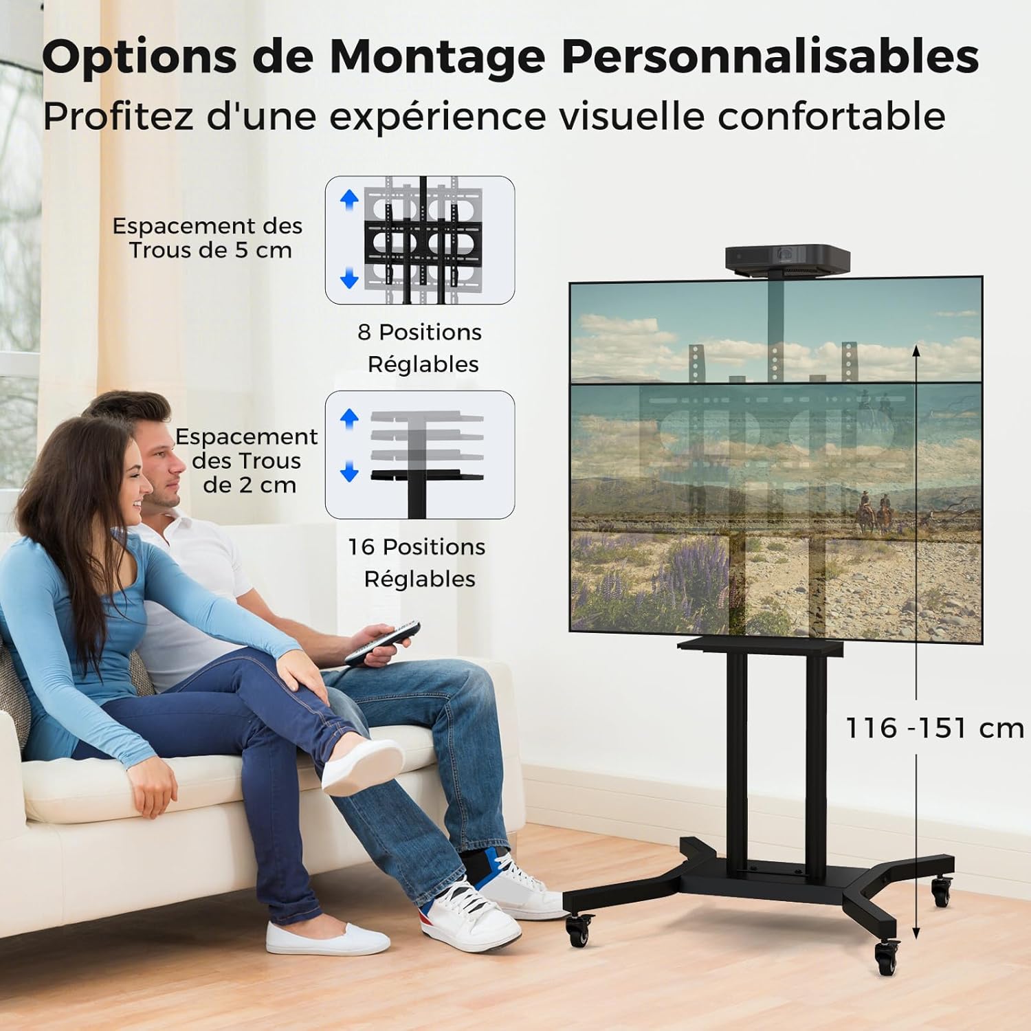 Support TV à roulettes, Support TV sur Pieds en Hauteur Réglable pour Écrans Plats Incurvés 81 à 178cm, Chariot TV Base en H - 3