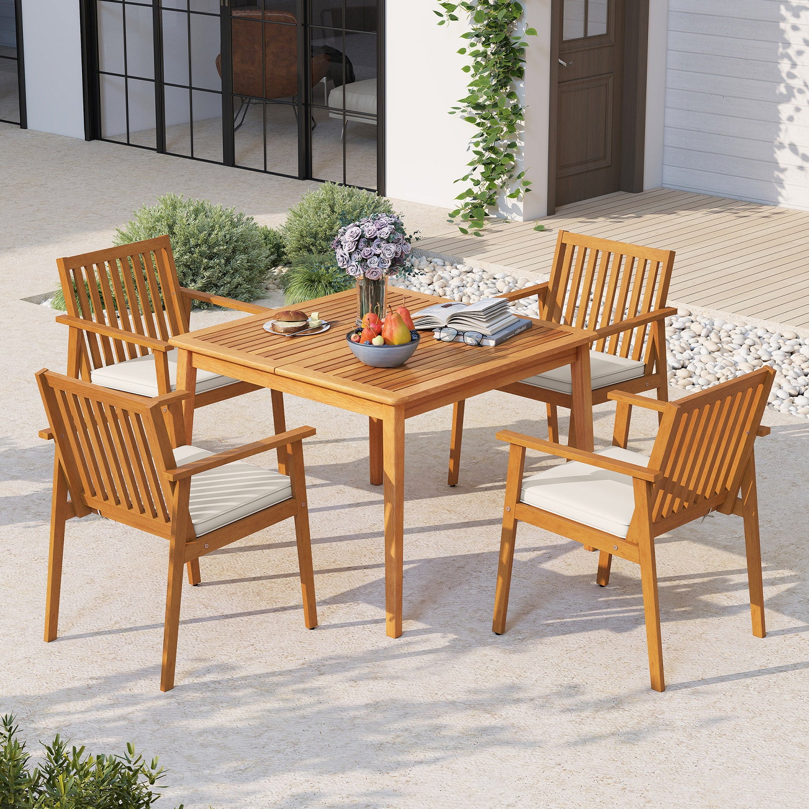 2 Chaises de Jardin, Chaises d'Extérieur en Bois d'Acacia avec Coussin Rembourré Amovible, Accoudoirs, Charge 180 kg, Mobilier de Bistrot, Naturel - 9