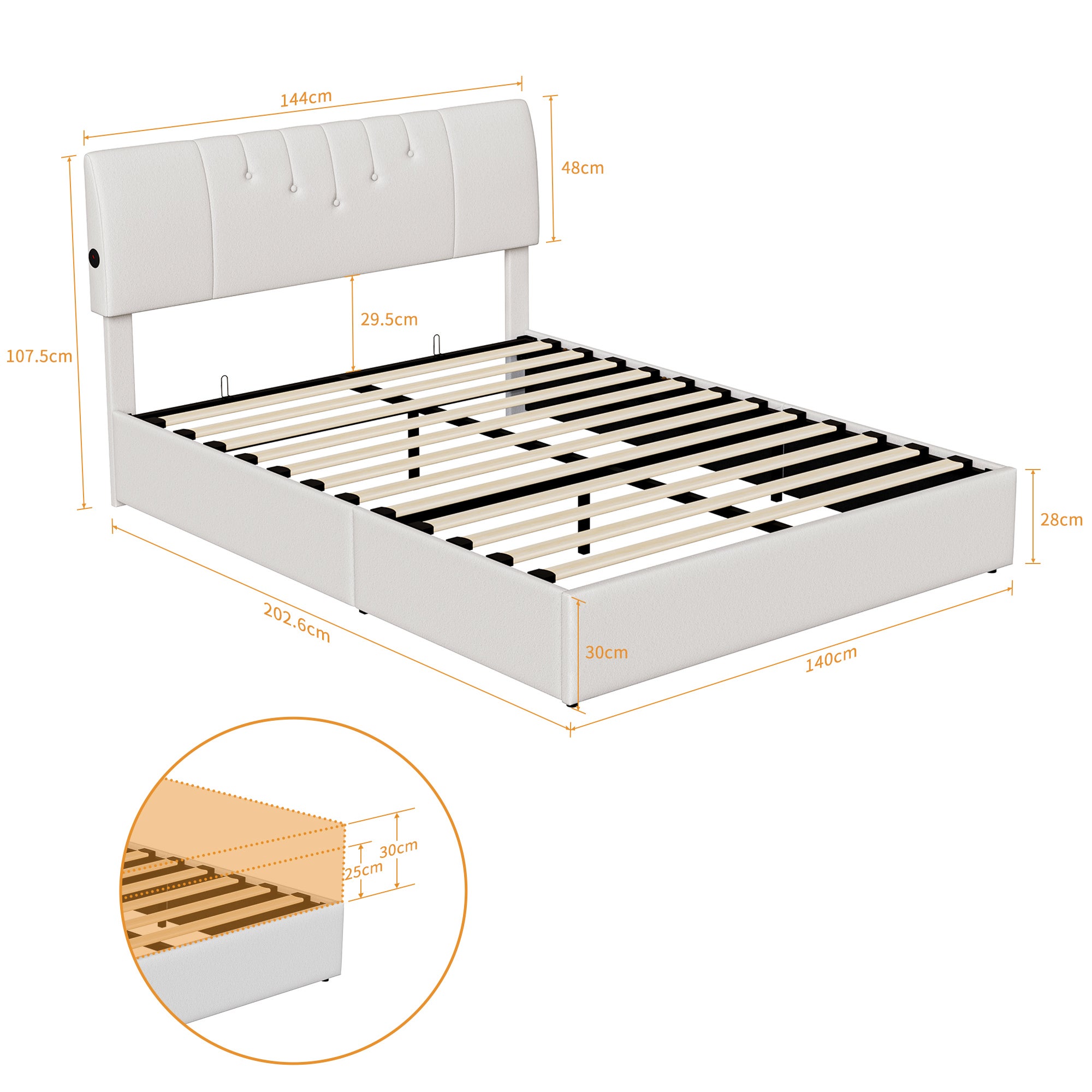 Lit 140x190 cm avec sommier à lattes, COZY, lit adulte avec USB et Type C, cadre de lit coffre, tissu en teddy velours, blanc - 6