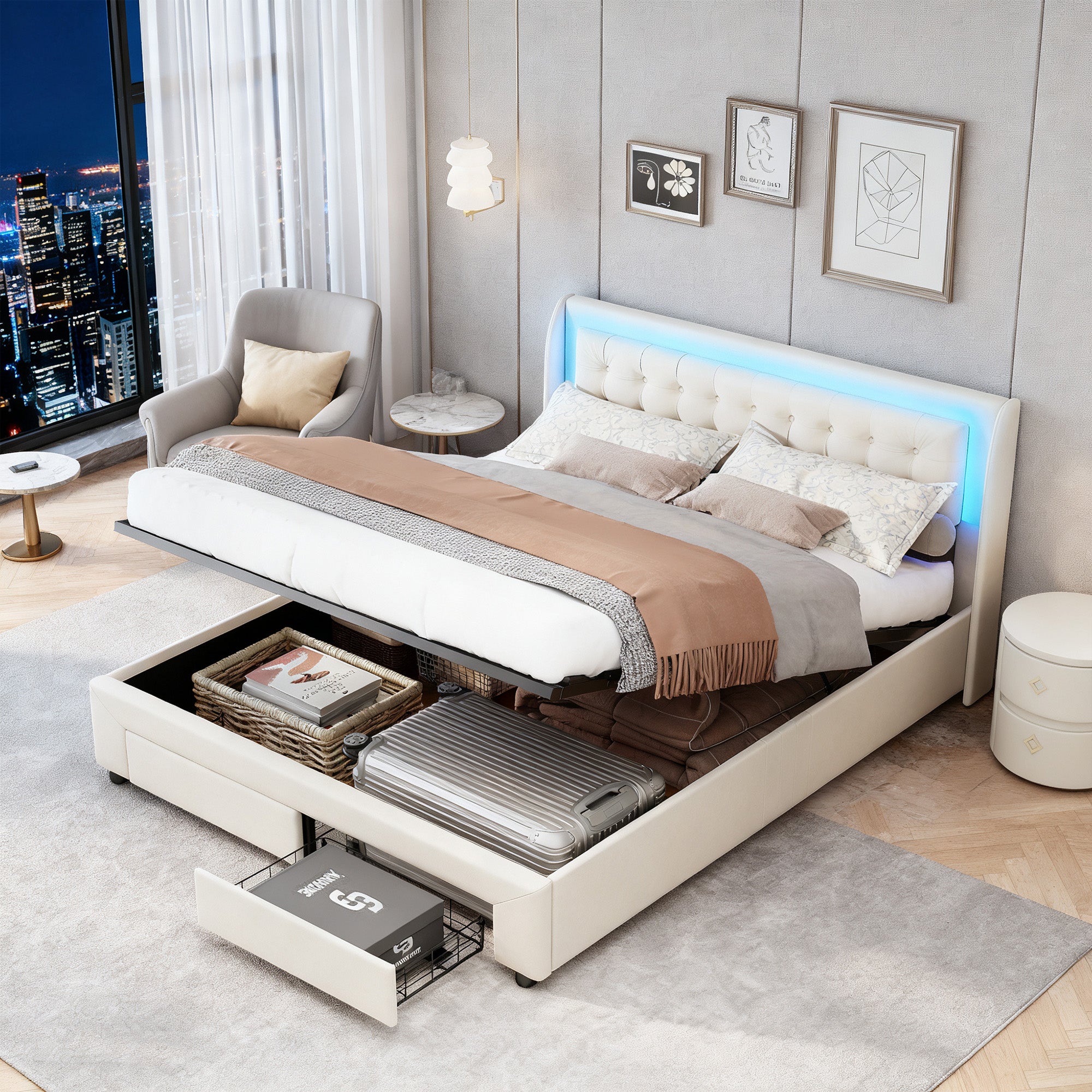 Lit coffre 140x190 cm avec LED et 2 tiroirs, COZY, cadre de lit adulte avec sommier à lattes, lit double, tissu en velours, 140x190 cm, blanc cassé - 3