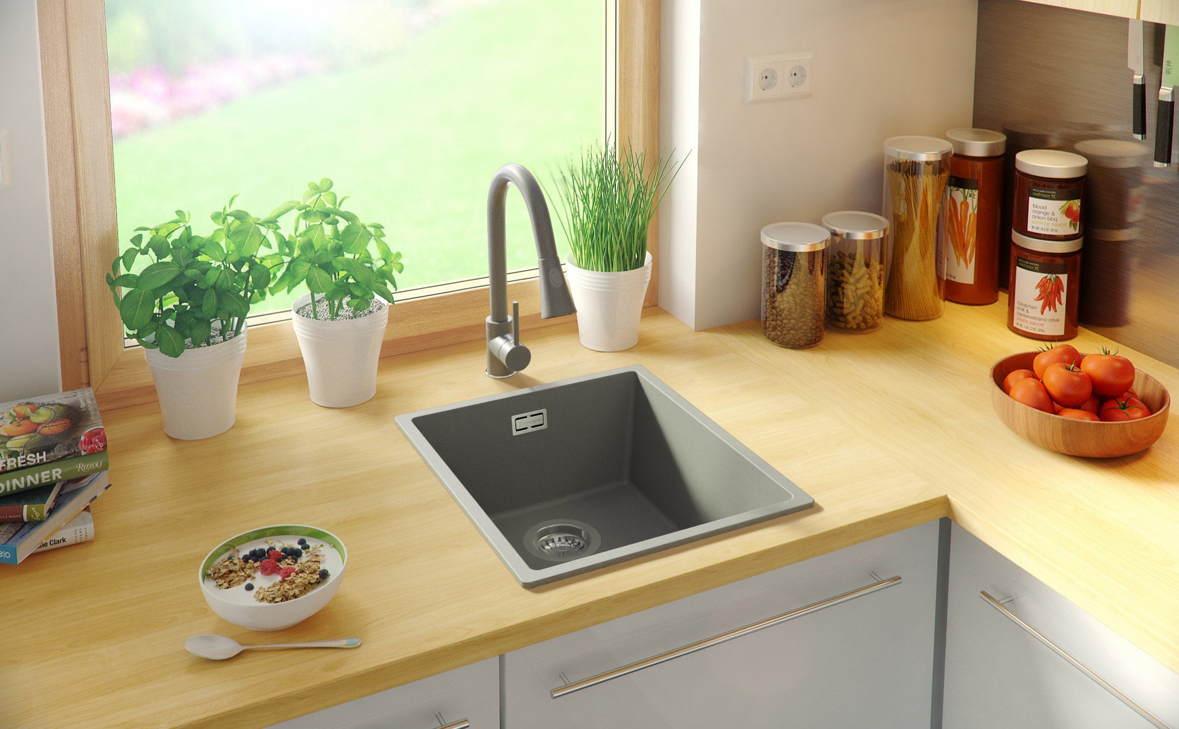 Evier Cuisine en Granit Gris 41x47cm, Lavabo 1 bac + Kit de Vidage, Évier à Encastrer au meuble 45cm - London Slim PRIMAGRAN - 9