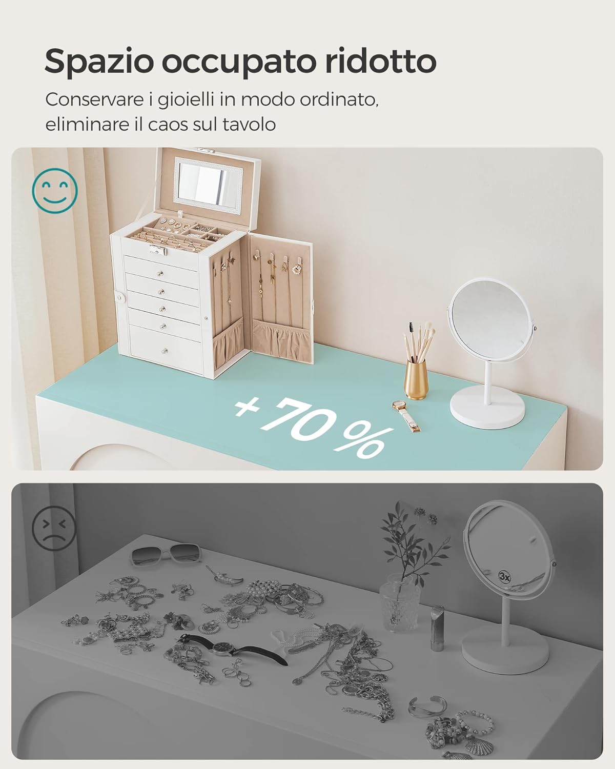 Scatola Portagioie 6 livelli, 5 cassetti, specchio interno, chiusura a chiave, idea regalo, per orologi, bianco, Regalo Natale - 8