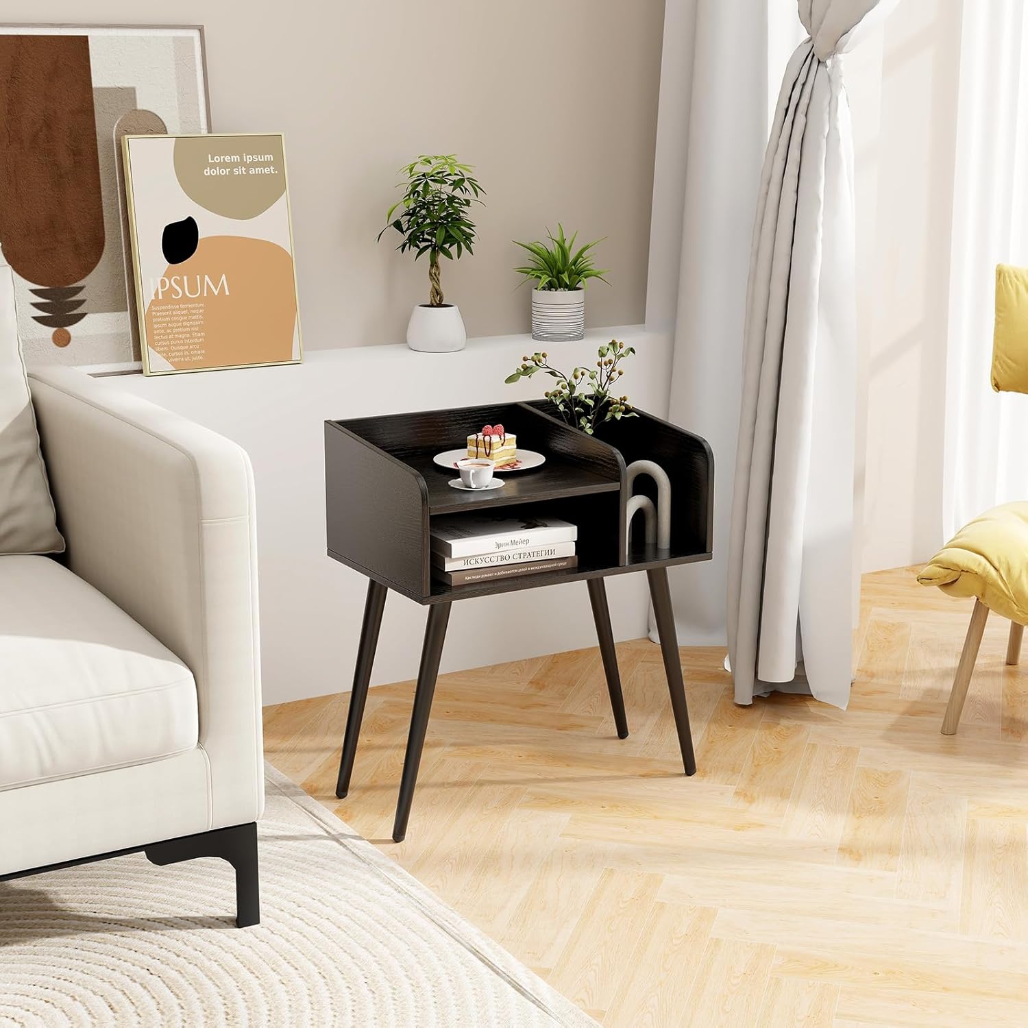 Comodino 50 x 32 x 58cm, Tavolino Moderno con Mensole Aperte, Gambe in Metallo e Poggiapiedi Regolabili, Comò Ideale per Soggiorno e Camera da - 2