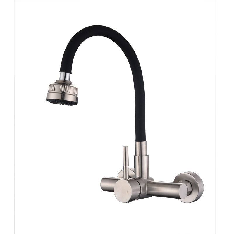 Bateria kuchenna ścienna 360° z wyciąganą wylewką czterofunkcyjną, z czarnym wężem silikonowym, ze szczotkowanej stali nierdzewnej