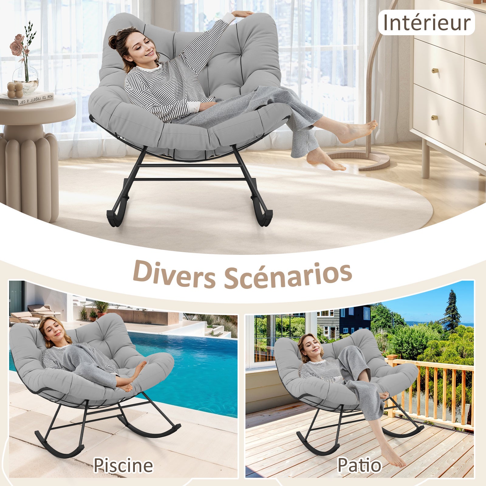 Fauteuil à Bascule Forme Œuf Intérieur & Extérieur, Chaise Papasan Surdimensionnée avec Coussin Rembourré, Cadre en Métal, , Charge 205 kg, Gris Clair - 7