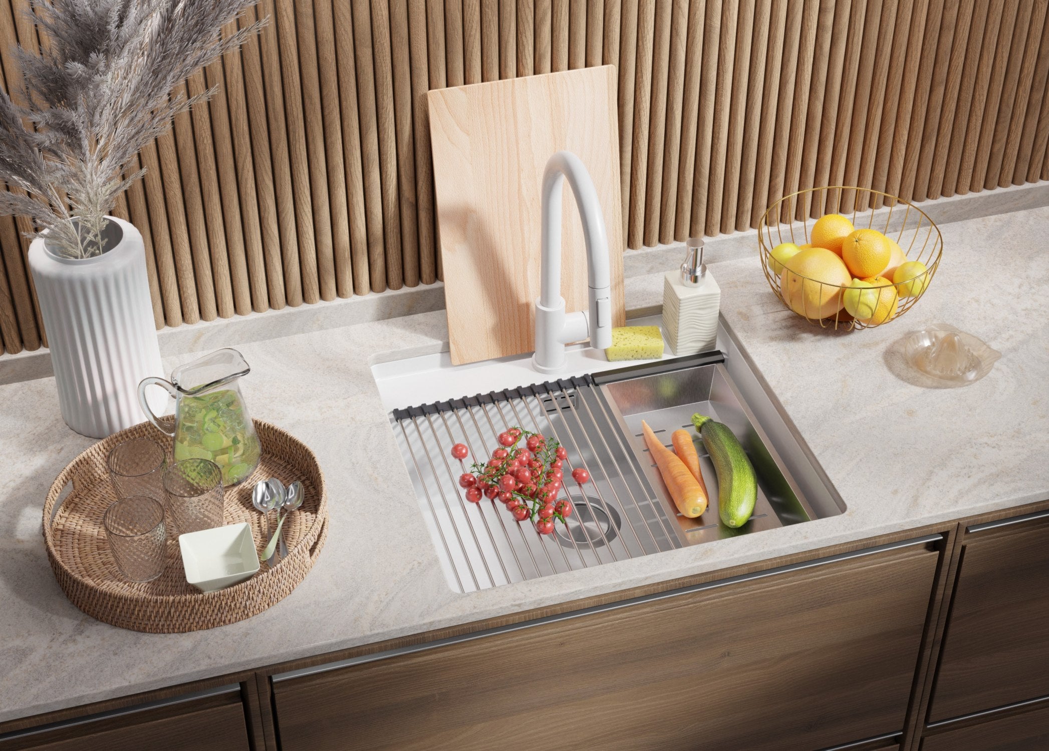 Lavello sottotop Bianco 56x53cm, Lavandino in Granito a 1 vasca + Sifone Classico + Tagliere, Lavabo da Cucina al mobile 60cm - Bergen PRIMAGRAN - 2