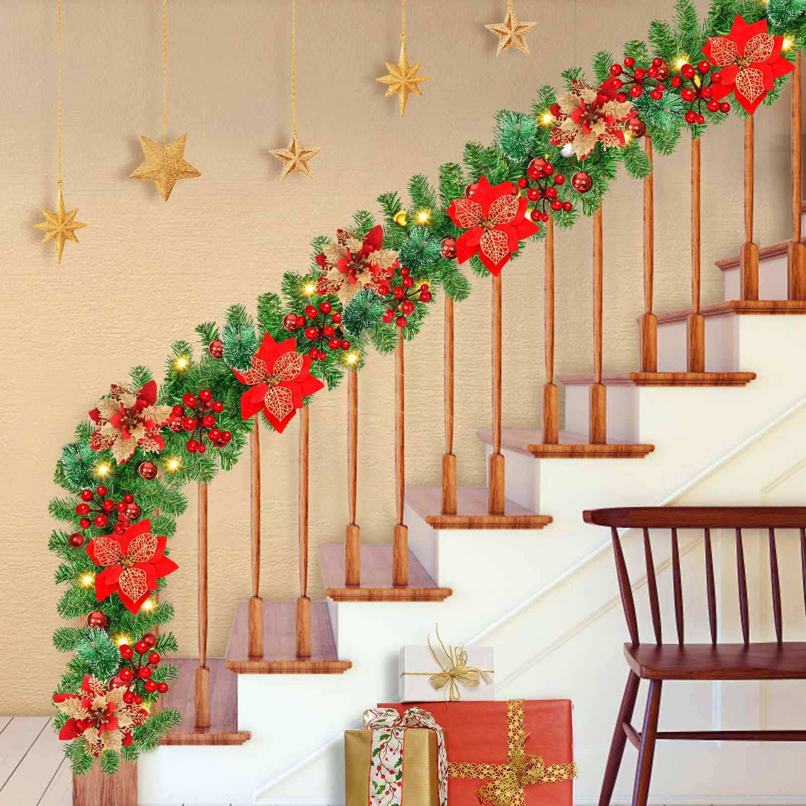 Guirlande de Noël de 270 cm avec lumières LED, décoration de Noël, couronne de Noël artificielle illuminée avec fleurs, décorations pour sapin de Noël - 9