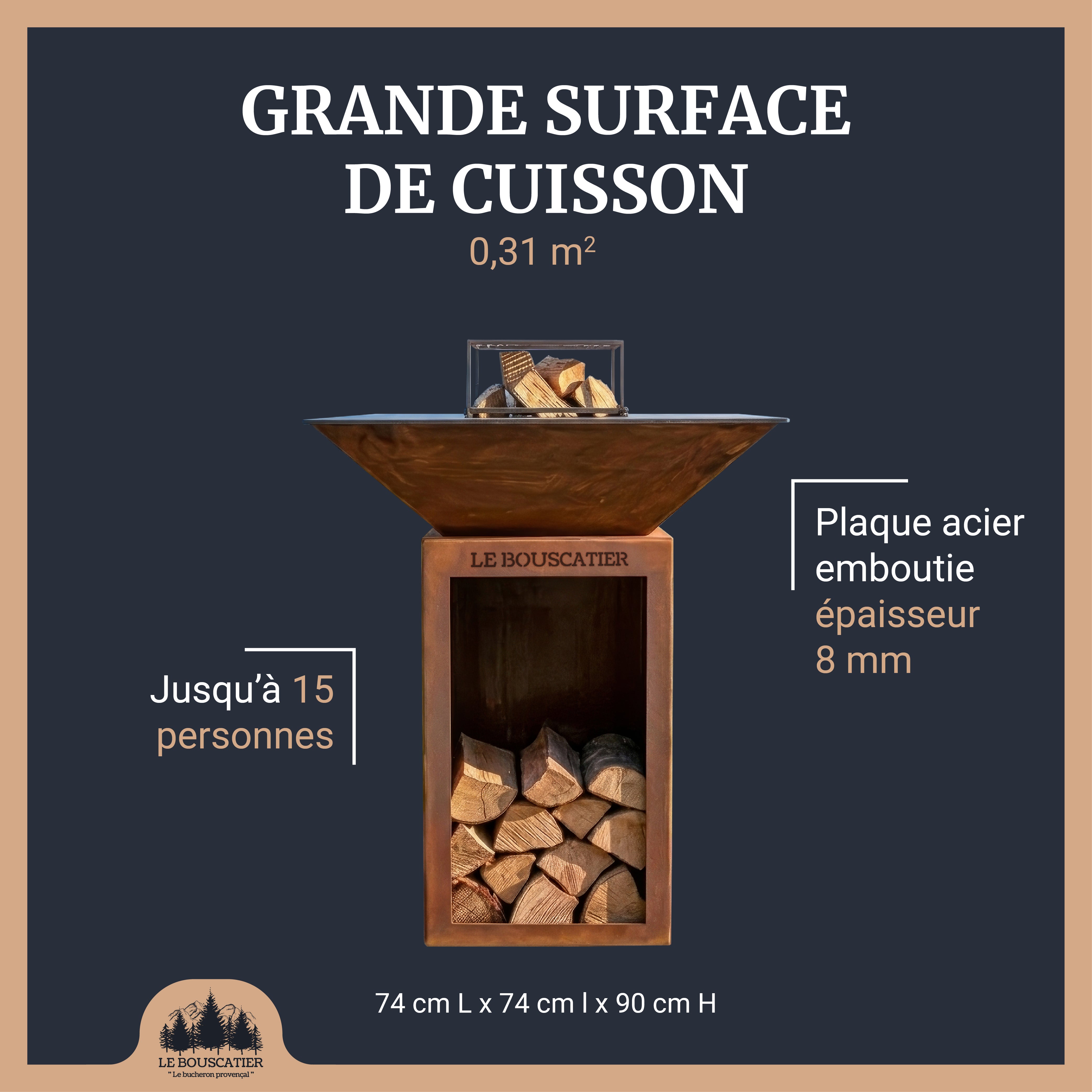 Lou Bouscarian carré 74x74x90cm - Brasero plancha en acier corten avec Rangement bûches - Grille de cuisson, stop food et kit d'allumage offerts - 2