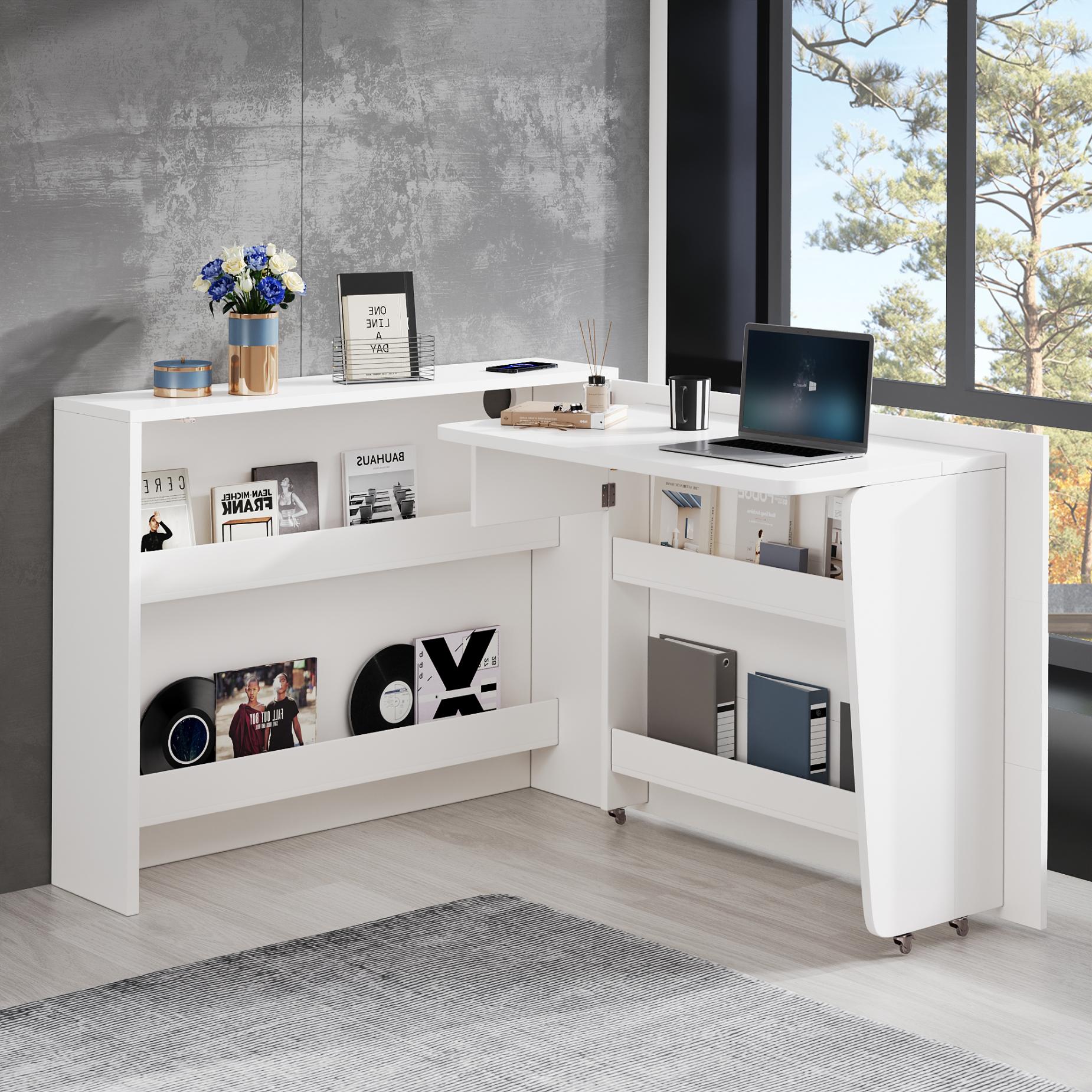 Bureau Pliable avec Roulettes et Chargeur Sans Fil – 2-en-1 Sideboard et Espace de Travail avec Étagères et Sécurité Anti-Basculement - 5