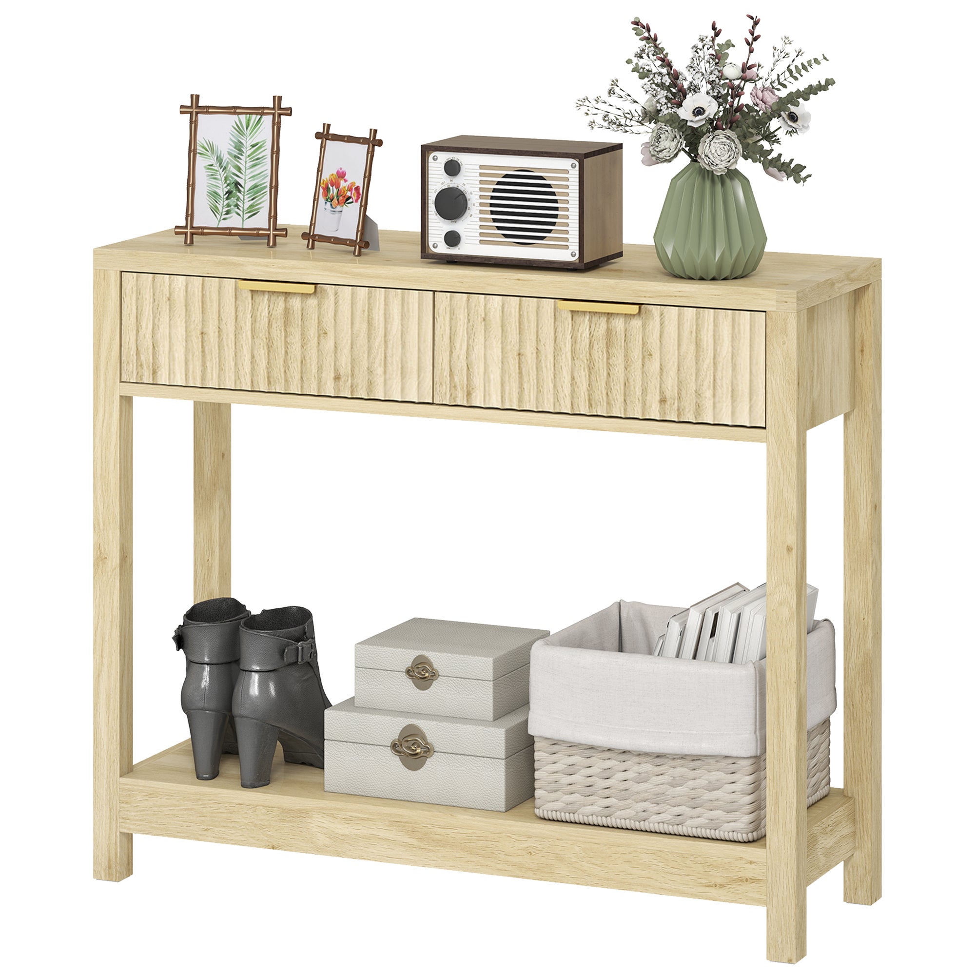 Console 90 cm, console étroite avec 2 tiroirs rainurés et une étagère ...