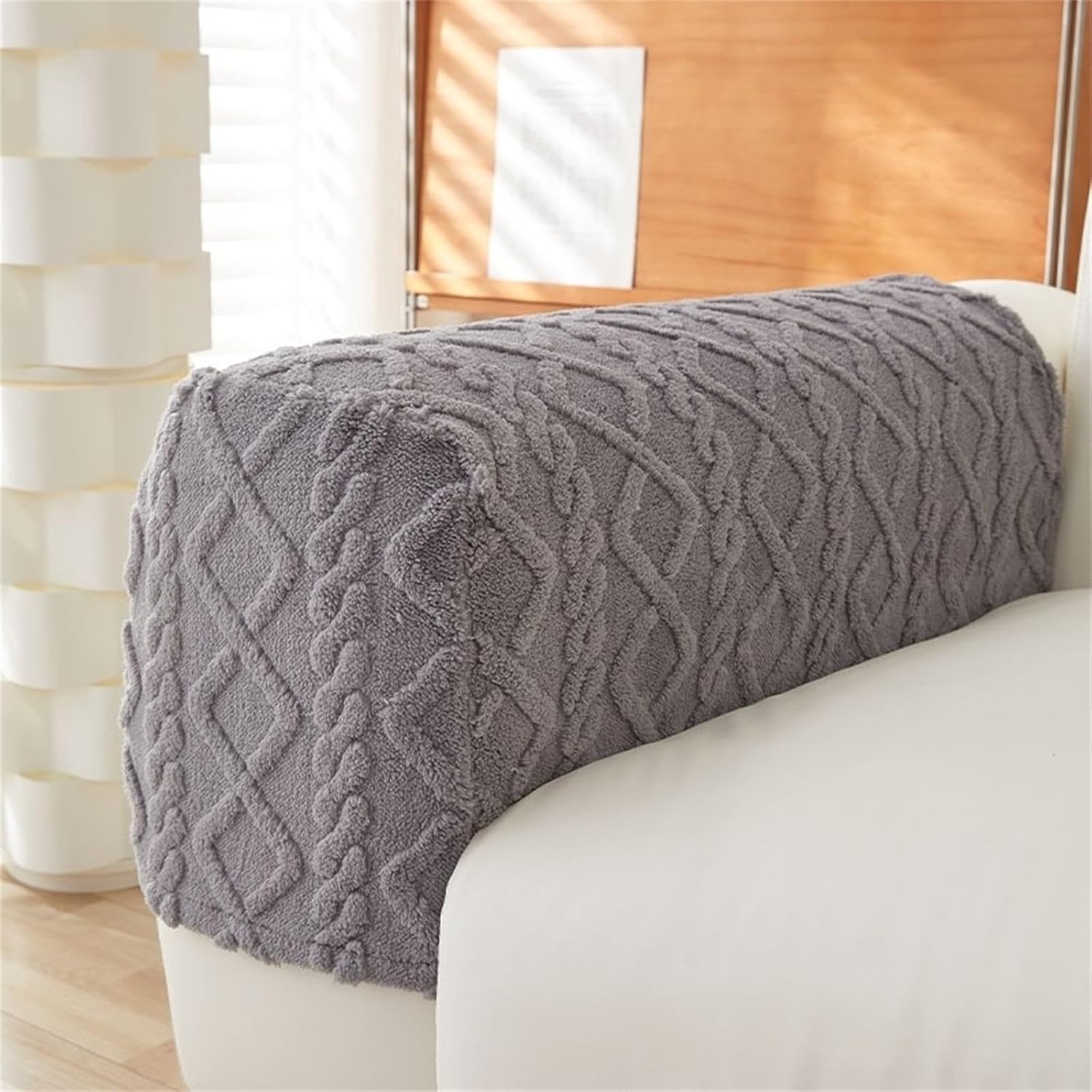 Zestaw 2 pokrowców na podłokietniki sofy, pluszowe pokrowce żakardowe z elastycznymi ochraniaczami (2 szt., szare)