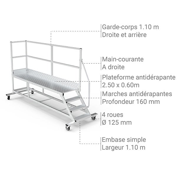 Plateforme roulante 3 marches - Hauteur max. de travail 2.60m - PTF253D - 3