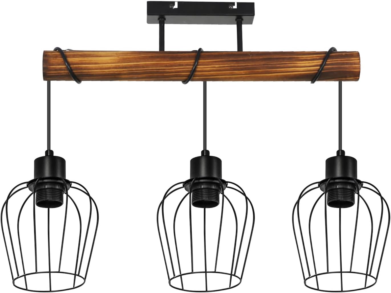 Nettlife Plafonnier vintage en bois pour salon&nbsp;: Lampe de cuisine en métal noir à 3 lumières, style industriel, douille E27, Ampoules non incluses - 9