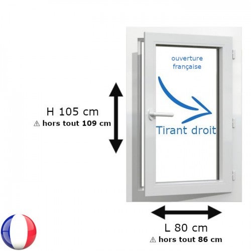 Fenêtre PVC 1 vantail H 105 x L 80 cm OF pour pose en neuf avec poignée - tirant droit