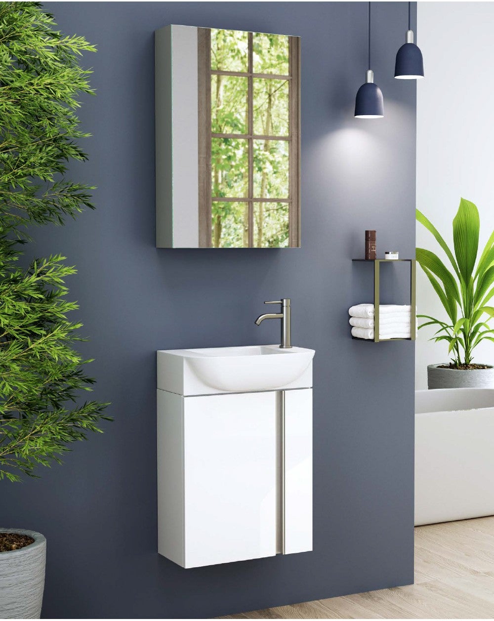 Mueble de baño suspendido a pared fondo reducido con lavabo cerámico | 45cm | mueble aseo volado pequeño de 1 puerta | blanco brillo