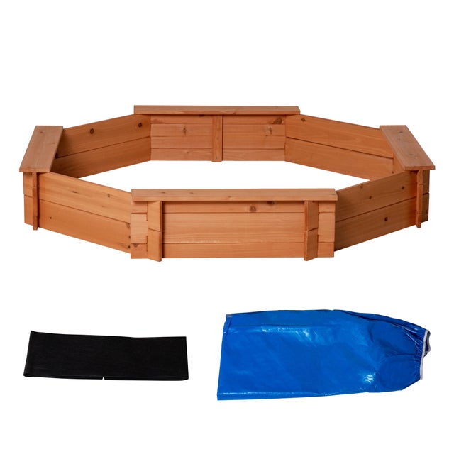 Best Choice Products Grande Sabbiera Ottagonale In Legno Per Bambini – Con Copertura, 4 Panche Rinforzate, Posti A Sedere Per 8, Fondo Con Rivestimento – Marrone