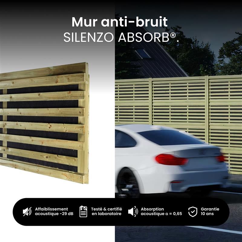 Mur Anti-bruit Bois 6,63x1,8m SILENZO ABSORB - Clôture Réduction Sonore - Palissade - 3