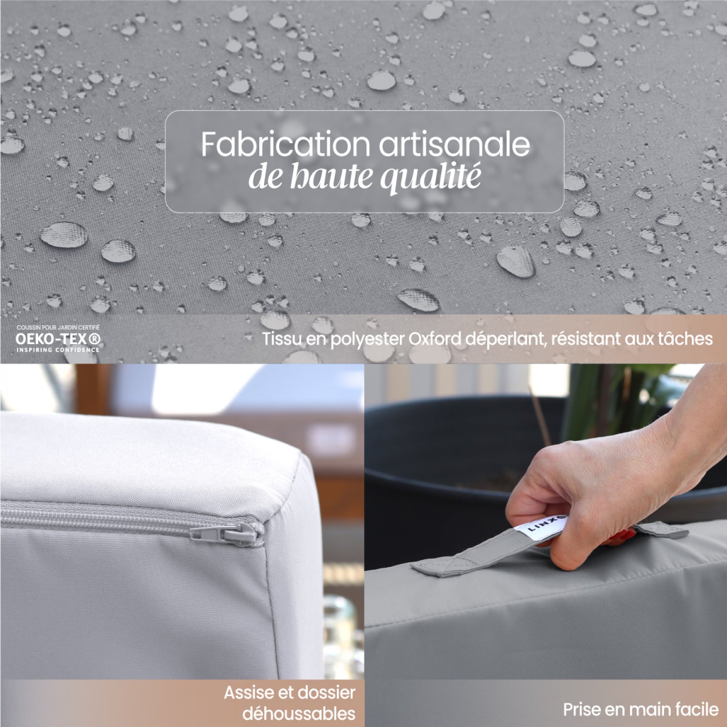 Linxor - Kit de coussins pour salon de jardin déhoussables - 50 x 50 cm - Gris clair - 3