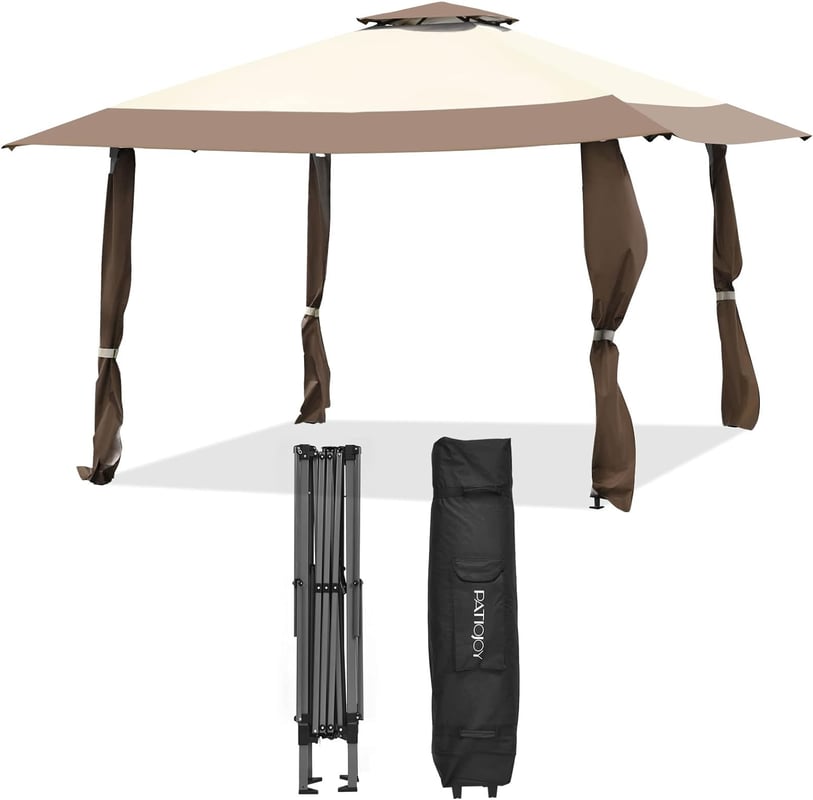 Pawilon z podwójnym dachem, 4 m x 4 m, namiot imprezowy z tkaniny Oxford i metalu, w zestawie z torbą do przenoszenia, pawilon ogrodowy (brązowy)