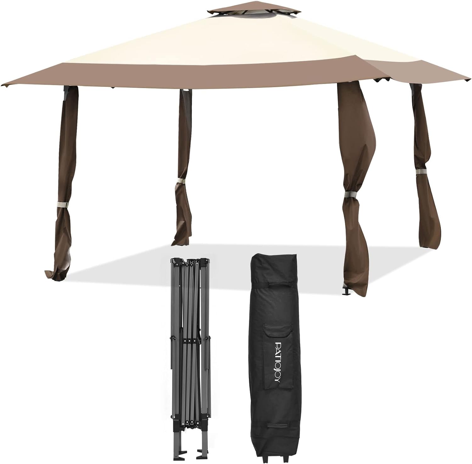 Pawilon z podwójnym dachem, 4 m x 4 m, namiot imprezowy z tkaniny Oxford i metalu, w zestawie z torbą do przenoszenia, pawilon ogrodowy (brązowy)