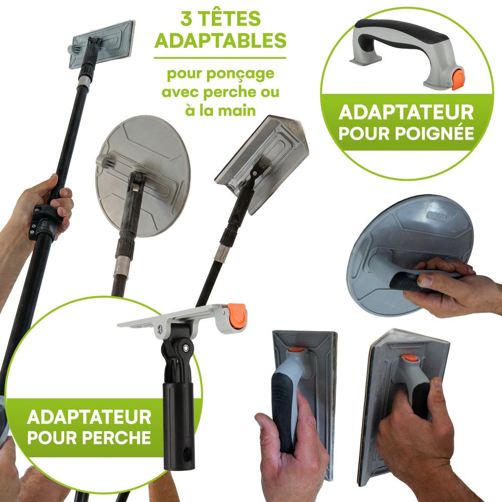 Kit ponçage plaquiste avec perche télescopique 1,2m - Ponceuse angle - circulaire - rectangulaire - détail - Feuilles abrasives - 5