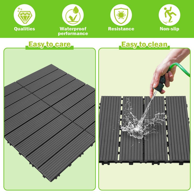 Juego de 11 losas de terraza de madera compuesta antracita con clip de WPC para jardín, piscina y balcón - 4