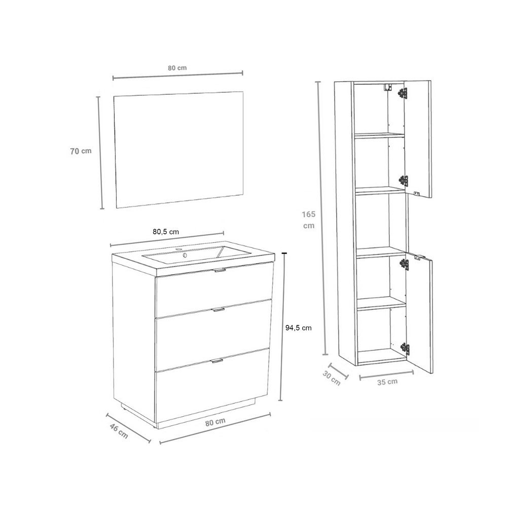 Meuble sous-vasque MARBELLA 80 cm + vasque + miroir + colonne / Décor Chêne blanchi - 4