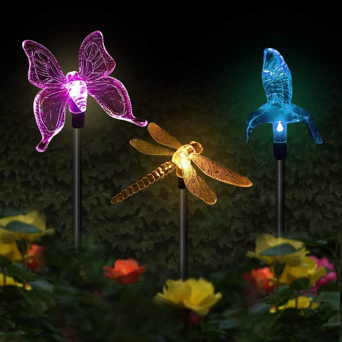 Zestaw 3 solarnych lamp ogrodowych LED, zmieniających kolory, w kształcie motyla, kolibra i ważki