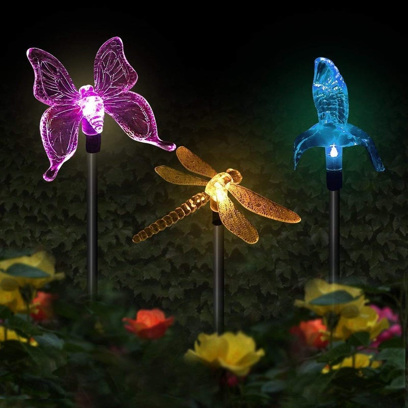 Zestaw 3 solarnych lamp ogrodowych LED, zmieniających kolory, w kształcie motyla, kolibra i ważki