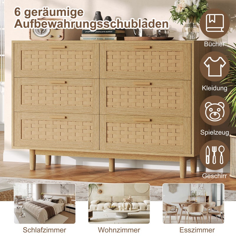 Buffet à 6 tiroirs, portes en PVC tissé, structure en bois, coloris chêne,Meuble, Meuble d'appoint, Meuble de rangement, Commode, 115 x 40 x 80 cm - 5