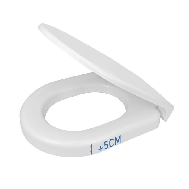 Abattant WC surélevé 5cm pour Personnes Âgées/Handicapées, Rehausseur WC Siège Toilette en Duroplast, Frein de Chute, Charnières Ajustables, Forme D
