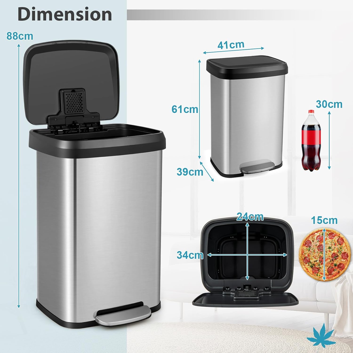 Bidone per Pattumiera da 50 L, Pattumiera da Cucina con Pedale, Coperchio e Scomparto Deodorante, Ideale per Casa Ufficio (50L, Argento) - 4