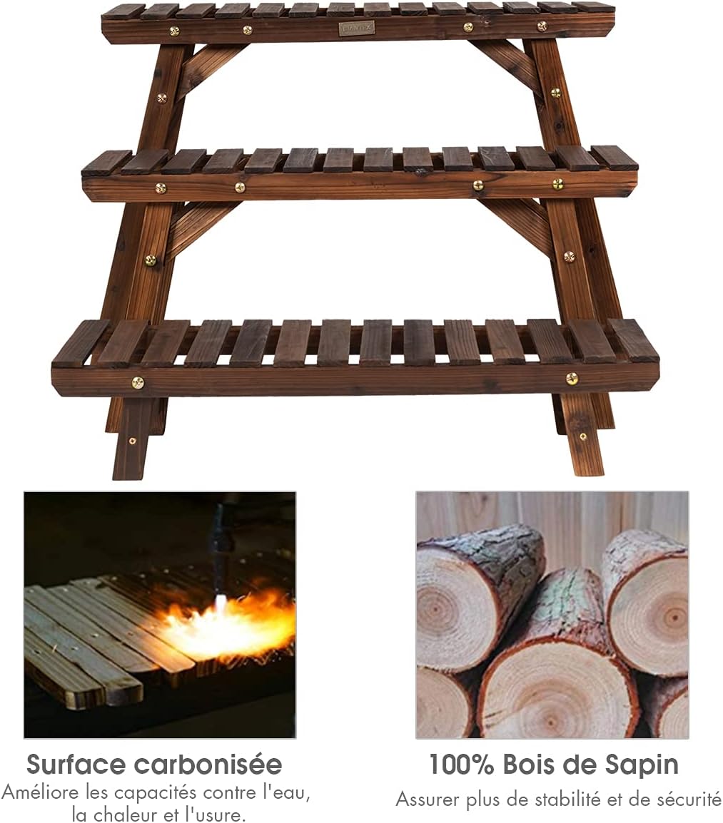 Étagère pour plantes en bois 3 niveaux echelle escalier porte-plante longueur 70cm charge 10kg - 6