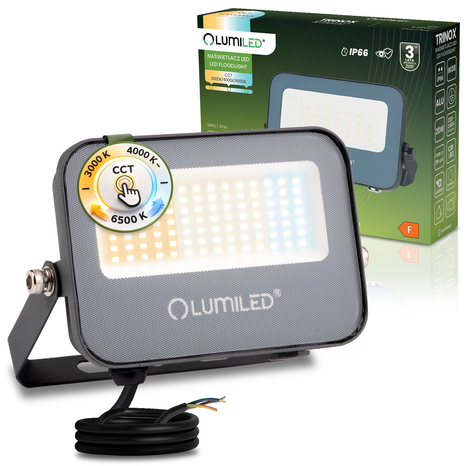 Naświetlacz LED Lumiled TRINOX 20W 2000lm CCT IP66 Szary 1 szt.
