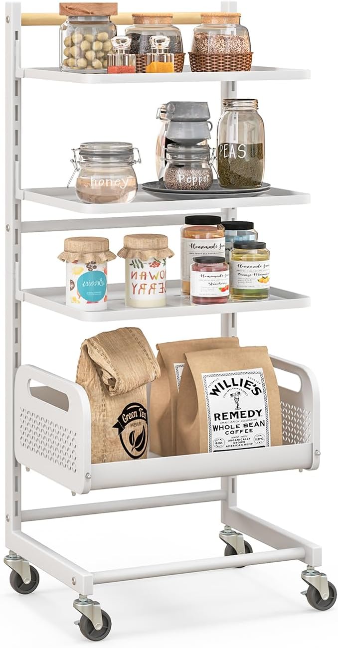 Wózek Kuchenny na Kółkach z 4 Poziomami, Metalowy Wózek Kuchenny, 20 Regulowanych Regałów, Kosz z Siatki, do Kuchni, Salonu, 35,5 x 29 x 84,5 cm