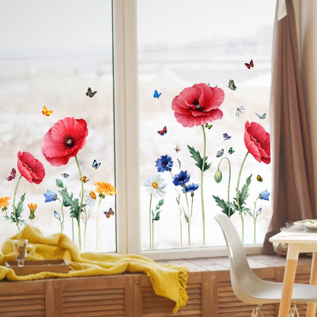 Autocollant Fenêtre Fleurs & Papillons Aquarelle – Déco Adhésive Verre, Porte, Mur – Style Poétique