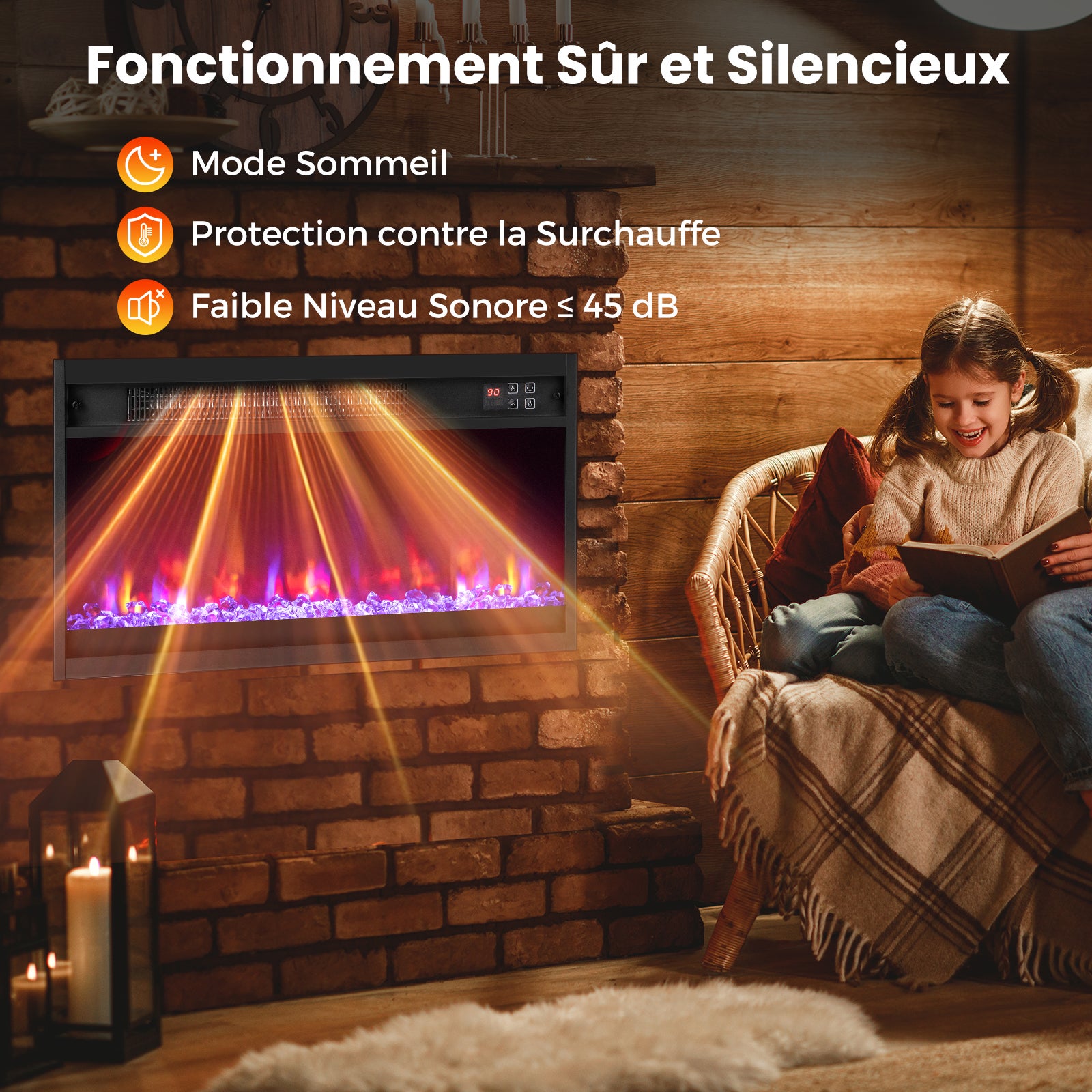 61 cm Chimenea eléctrica con efecto de llama LED de 1500 W, calefacción ajustable de 17 a 32 ℃, chimenea artificial con 8 colores - 6