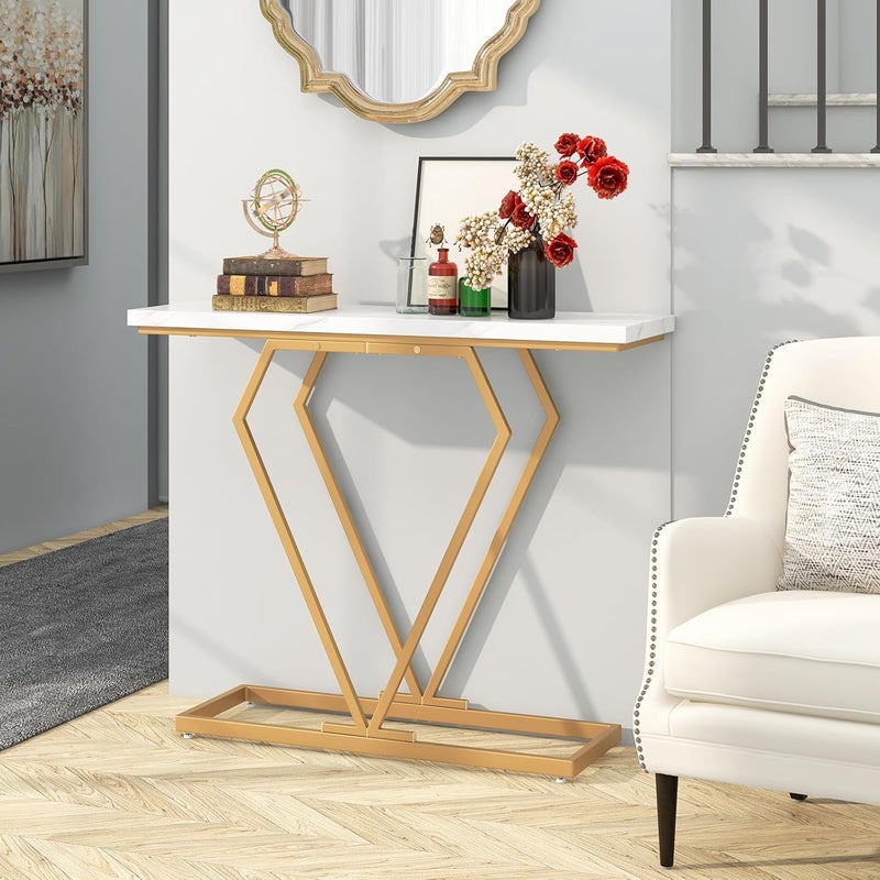 Stolik Konsolowy, Stolik Przedpokojowy z Blatem z Imitacji Marmuru, Wielofunkcyjny Stolik Pomocniczy z Metalową Ramą, 100 x 29,5 x 80 cm