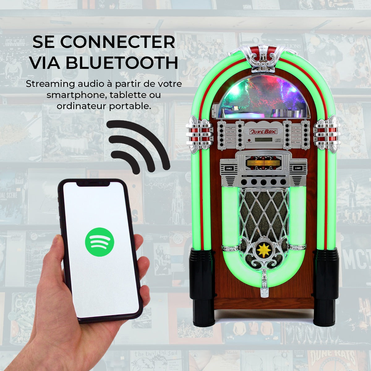 MonsterShop – Jukebox Style Rétro Années 50 à Eclairages LED Couleurs Changeantes avec Port USB, Bluetooth, AUX, Lecteur - 5