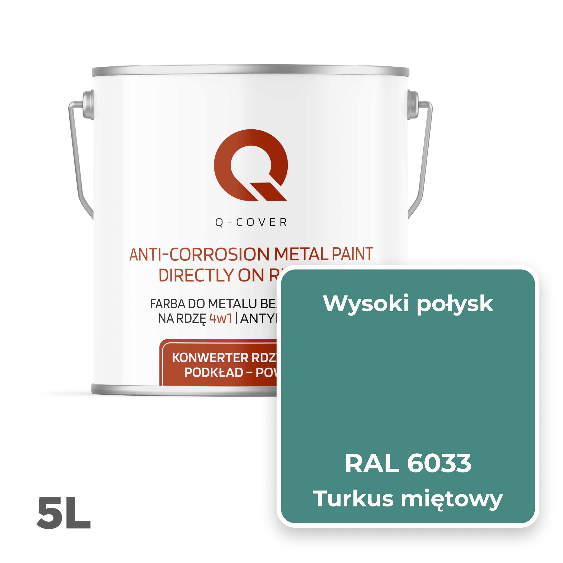 Farba do Metalu Prosto na Rdzę 4w1 Q-Cover Turkus miętowy RAL6033 Wysoki Połysk 5L - 2