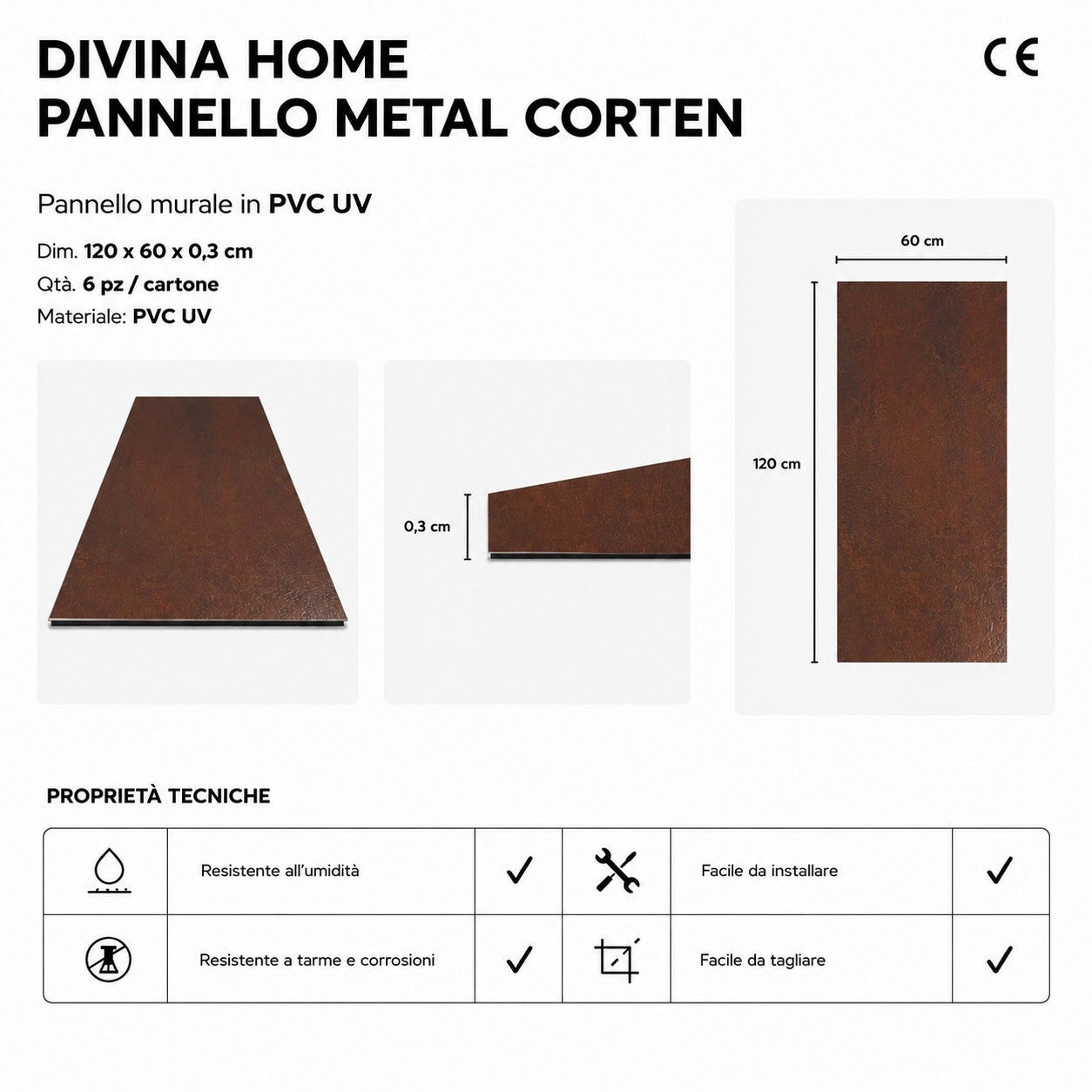 Panneau Décoratif Effet Métal Corten Rouillé, Lot De 6 Pièces, 120 X 60 Cm, En Pvc Uv Ultra-Fin - 7