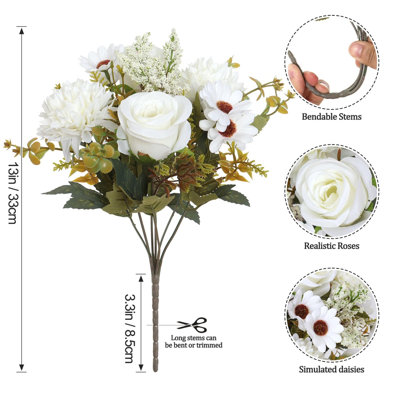 Lot de 4 bouquets de roses artificielles, 33 cm, roses en soie réalistes, pour décoration de table, cuisine, maison, blanc - 2