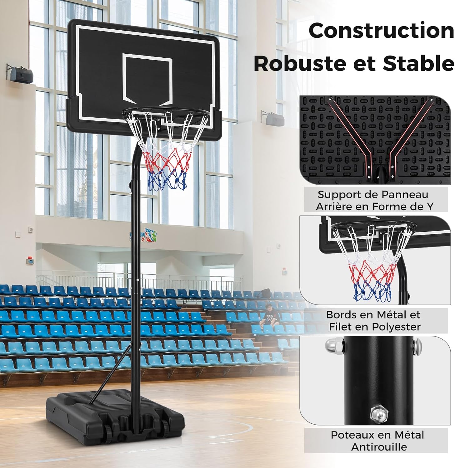 Canestro da Basket Portatile e Regolabile da 2,1 a 2,6 m, Canestro da Basket da Interno e Esterno con Base Riempibile, Tabellone in Policarbon - 3