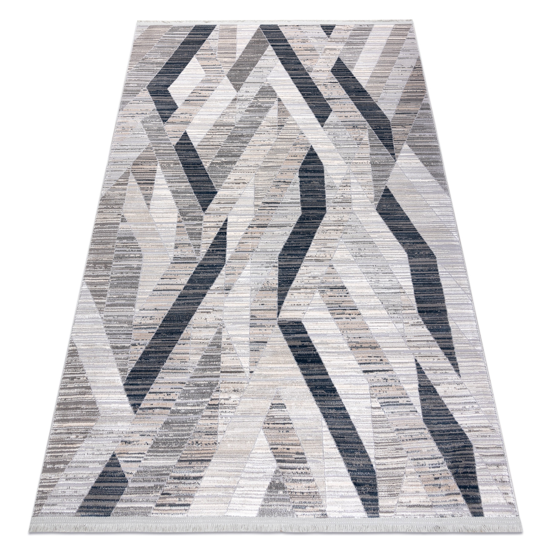Dywan REBEC nowoczesny frędzle 51166B Geometryczny - dwa poziomy runa granat / krem 80x150 cm