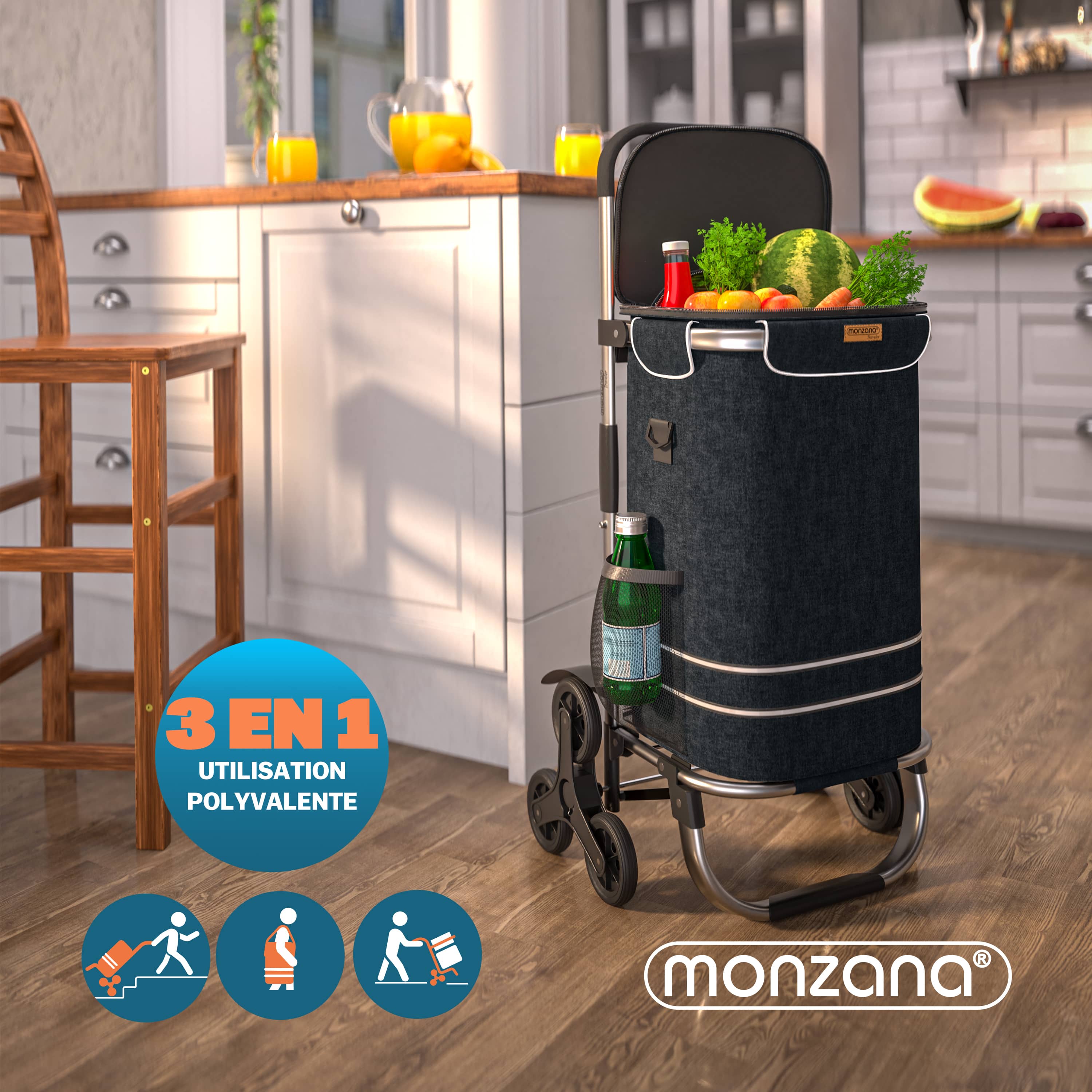 MONZANA® Chariot de courses noir 56 litres 3 en 1 pliable compartiment isotherme 6 roues bandes réfléchissantes - 2