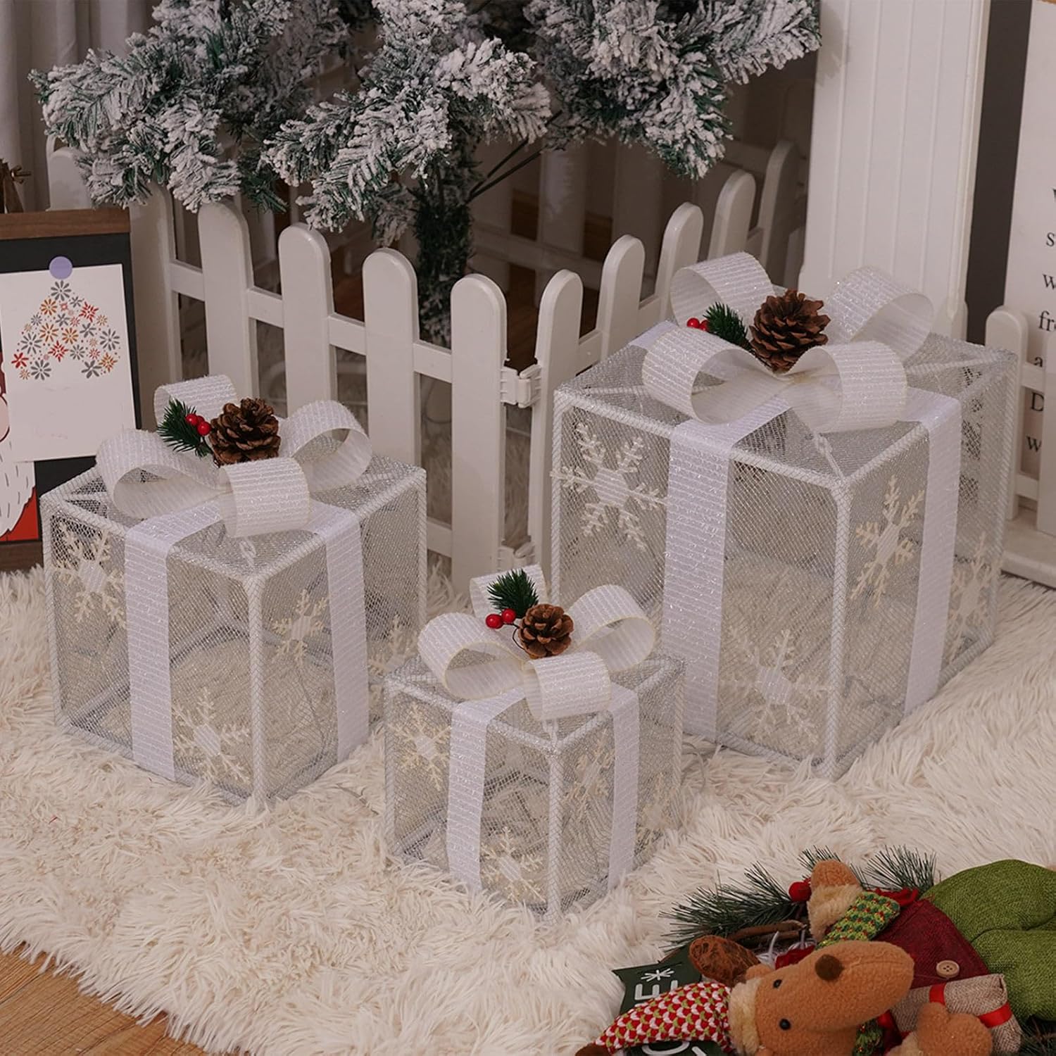 Juego de 3 cajas de regalo iluminadas para Navidad, cajas de regalo iluminadas con control remoto, decoraciones navideñas - 3