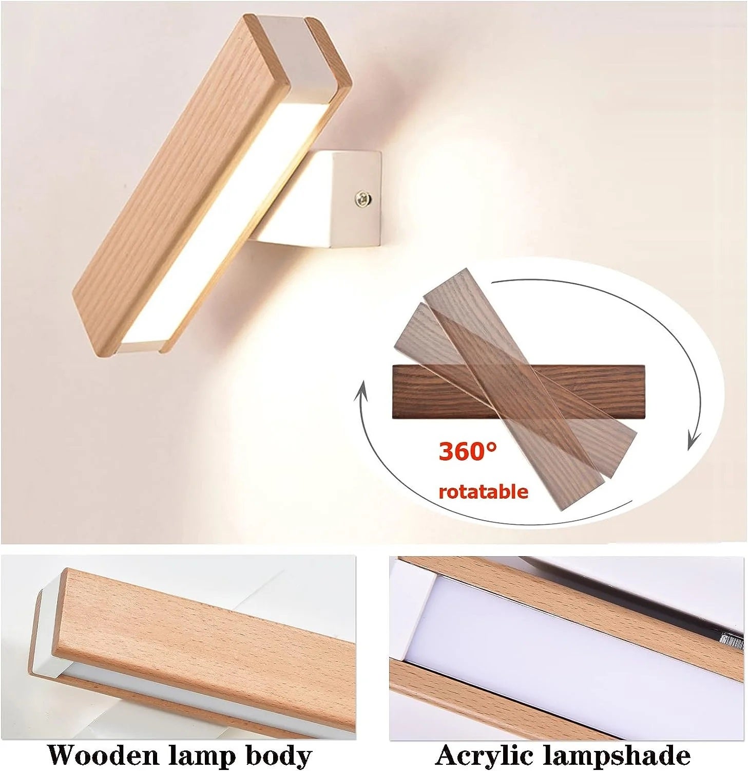 GOECO Applique murale bois,Deco led murale,Rotation 360° en Bois Massif, Moderne Vent minimaliste,Convient pour l'éclairage de la chambre à coucher - 5