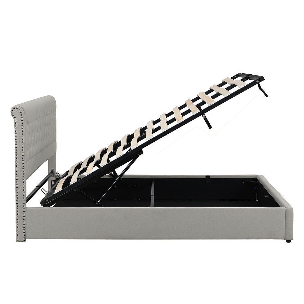 Lit coffre Lit 160 x 200 cm Lit rembourré avec levier hydraulique lit fonctionnel de rangement ornementation de rivets sans matelas Lin gris clair - 5